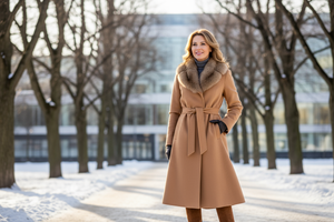 een banner van een oudere vrouw in een winter jas rond de 40 jaar ik wil geen tekst  bij de foto hebben het moet ljiken voor fashion het moet in de buitenlucht op een licht zonnige dag 